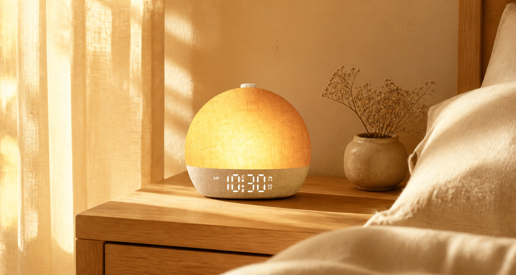 Réveil lumineux AUBE diffusant une lumière chaude dans une chambre au lever du jour