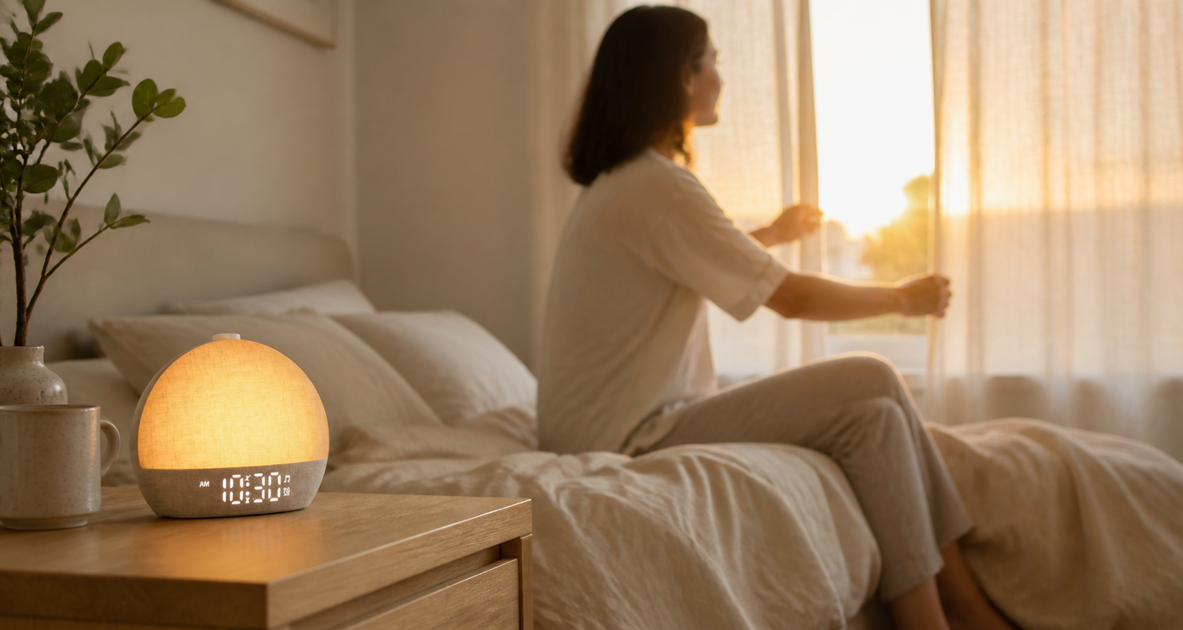 Routine matinale calme et lumineuse dans une chambre naturelle