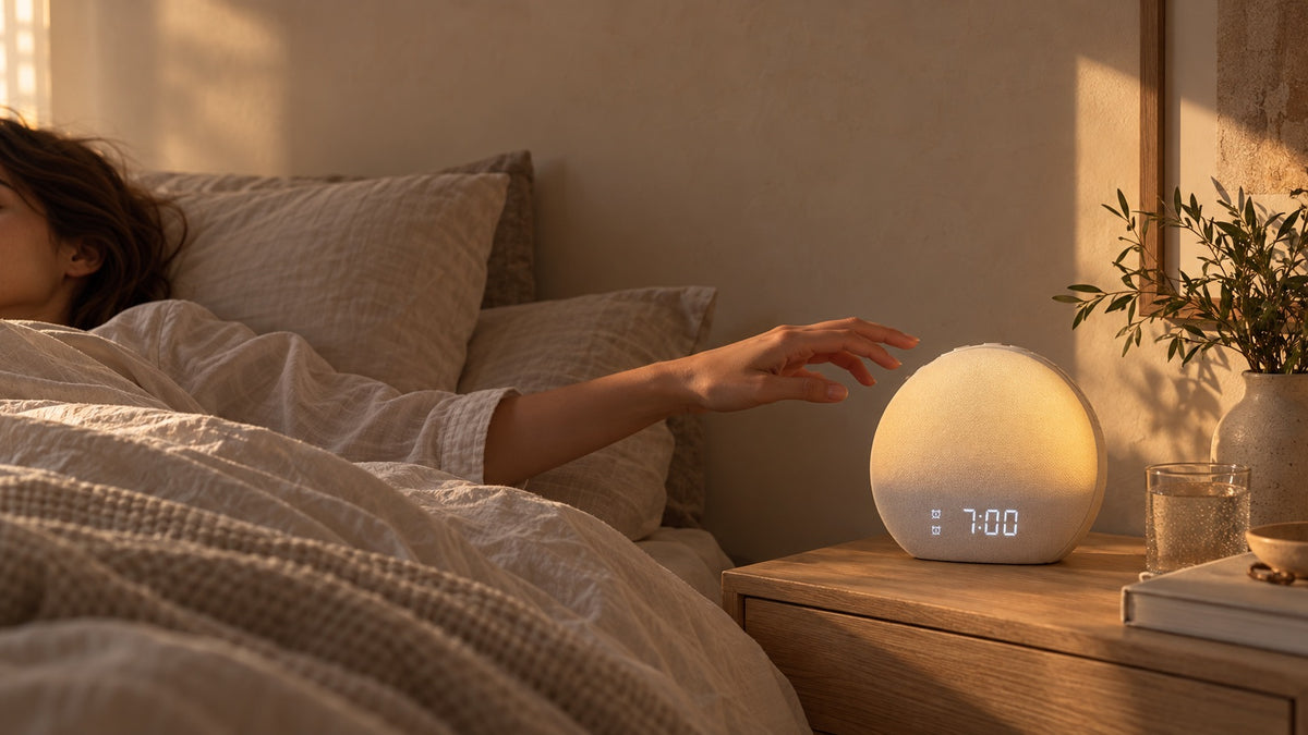 Le réveil lumineux Aube sur une table de nuit, près du lit.