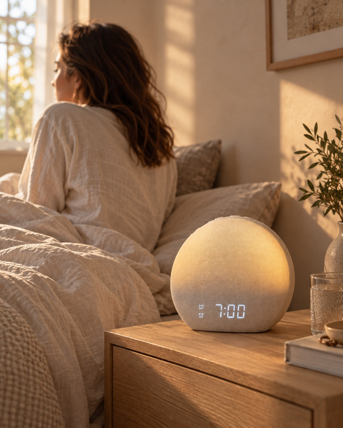 Le réveil Aube allumé sur une table de nuit, au moment du lever.